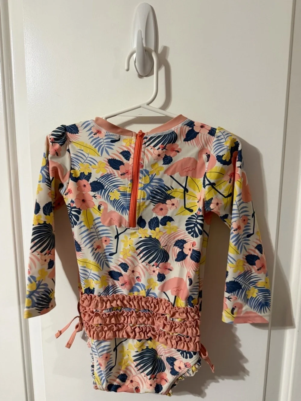 RuffleButts Flamingo Frenzy Long Sleeve Rash Guard Swimsuit 3T